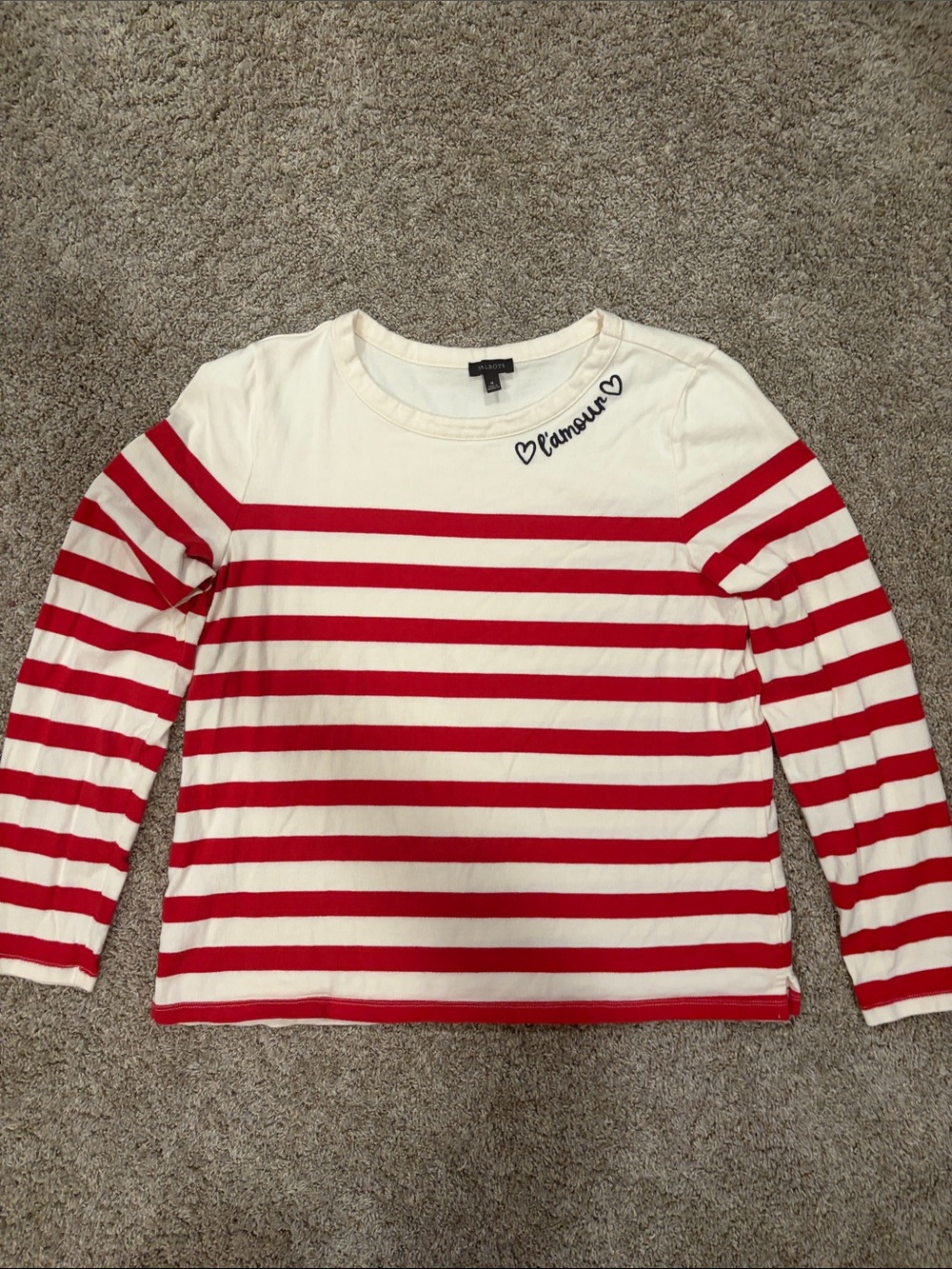 Talbots Red & Cream Striped Long Sleeve Crewneck Top